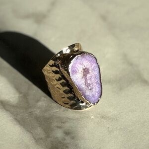 NEW Luxury Natural Stone Adjustable Crystal Irregular Geode Gold-plated Ring